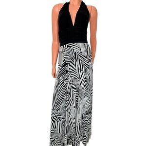 Y2K Mesh Plunging Halter Maxi Dress Womens Sz 6 Black & White Graphic Leaf Print